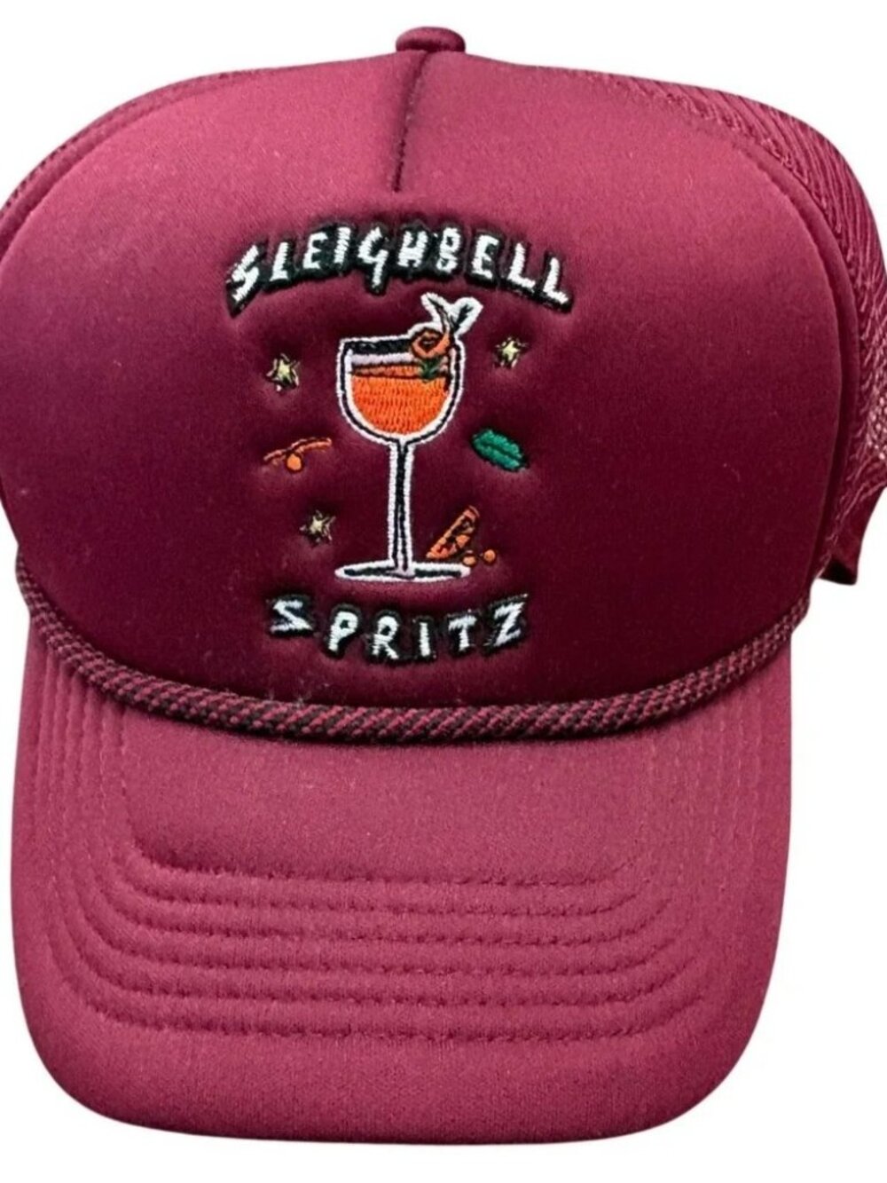 Anthropologie Nephthys Illustrated Sleighbell Spritz Trucker Hat Burgundy NWT